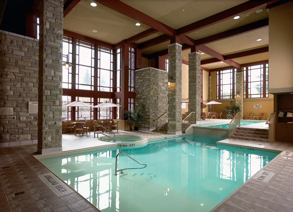 Saltwater pool, sauna, and hot tub wellness amenities